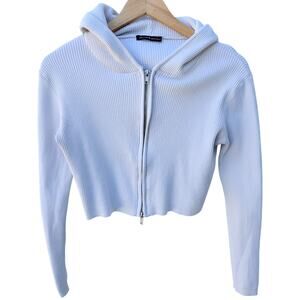 Brandy Melville Ribbed Zip Hoodie Womens One Size White Cropped
